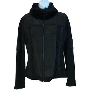 LISA HO RABBIT FUR TRIM BLACK SUEDETTE   JACKET M
